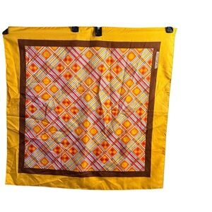 Vintage 1970s Yellow Orange and Brown Geometric Plaid Polyester Scarf 26” x 26”